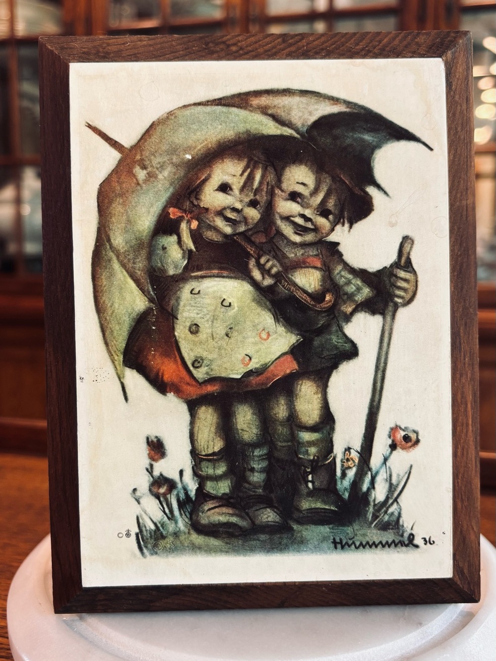 Vintage Hummel Style Children Under Umbrella Framed Print - Cream & Green